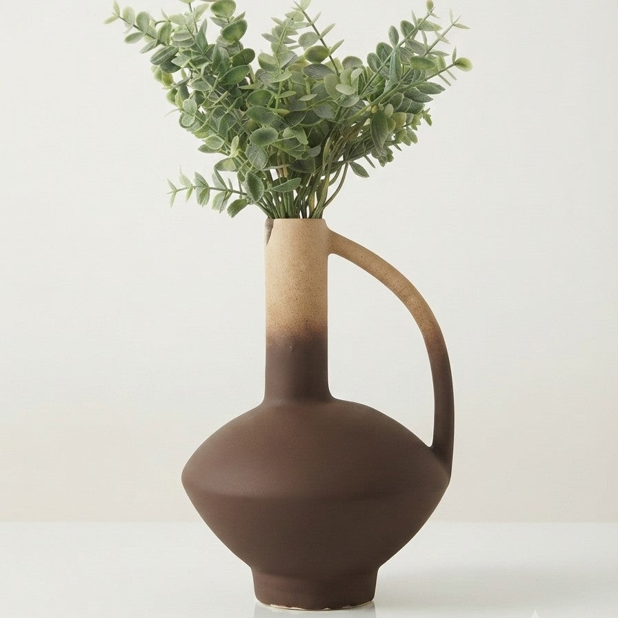 Two Tone Ceramic Amphora Vase with Eucalyptus Stems