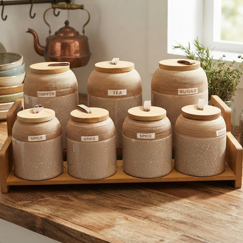 Piece Speckled Ceramic Spice Jar Set with Wooden Stand