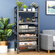 Black 5-tier carbon-coated storage rack with mesh baskets, appliance shelves, and lockable wheels for kitchen organization.