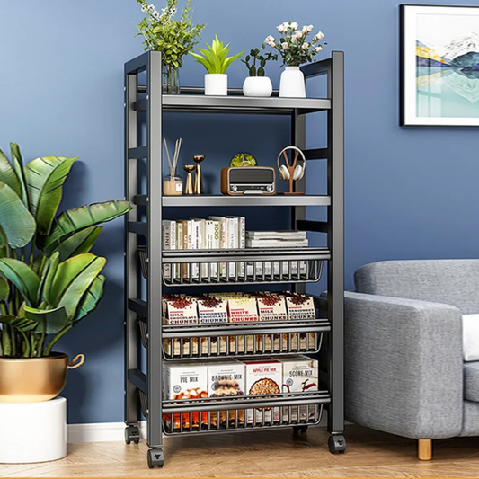 Black 5-tier carbon-coated storage rack with mesh baskets, appliance shelves, and lockable wheels for kitchen organization.