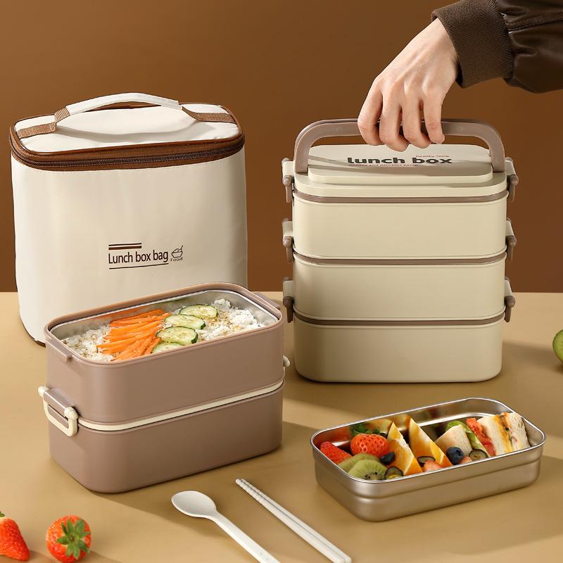 Double-layered lunch box with insulated matching lunch bag and cutlery set