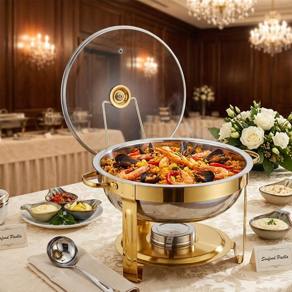 Round Stainless Steel Chafing Dish with Golden Accents 5L
