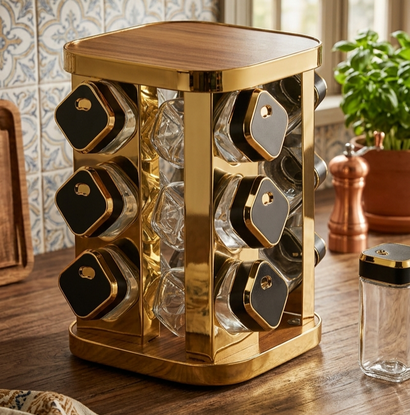 12 Piece piece marble spice rack with wooden top for stylish kitchen spice organization