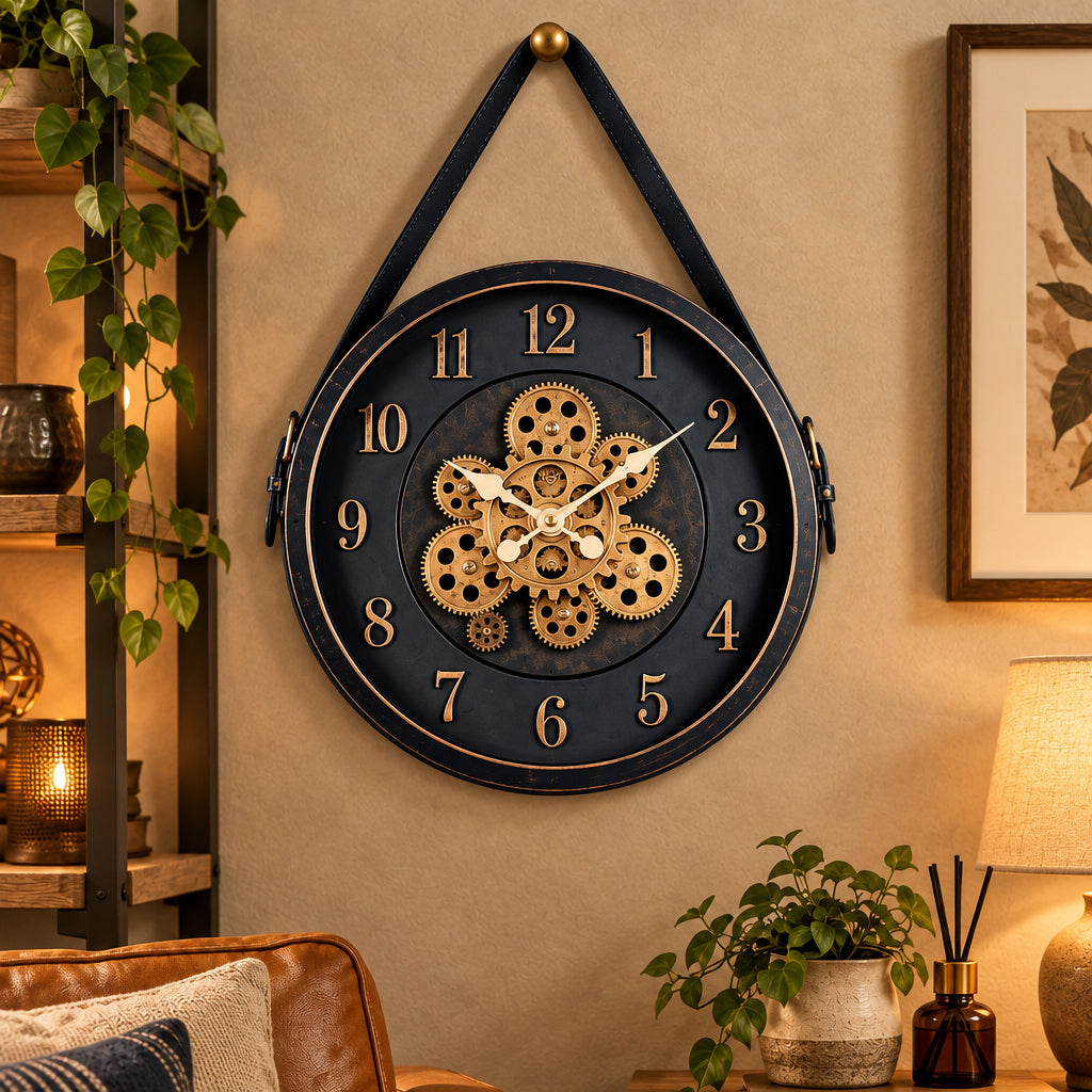 Vintage 3D Rotating Gear Wall Clock with Exposed Golden Gears, Raised Numerals, White Hands and Decorative Hanging Strap