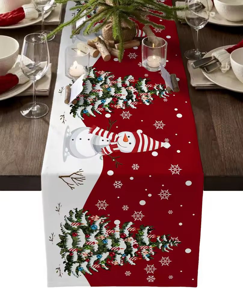 Christmas Snowman Gnome Linen Table Runner