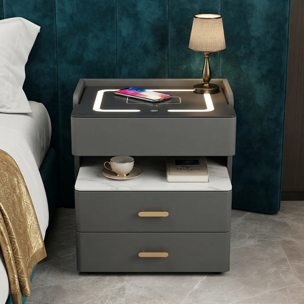 Smart Nightstand with Wireless Charging and LED Lighting BS 9