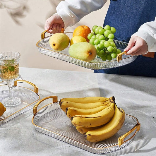 Three-piece European gold rectangular tray set for serving fruits, tea, cakes, or displaying jewelry and décor. 