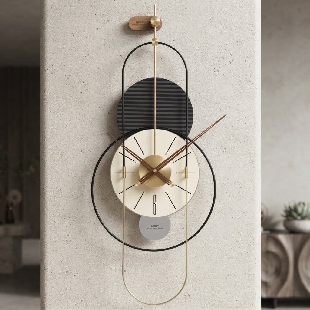 Modern geometric wall clock measuring 45 × 90 cm with bold lines and gold accents for contemporary home and office décor.