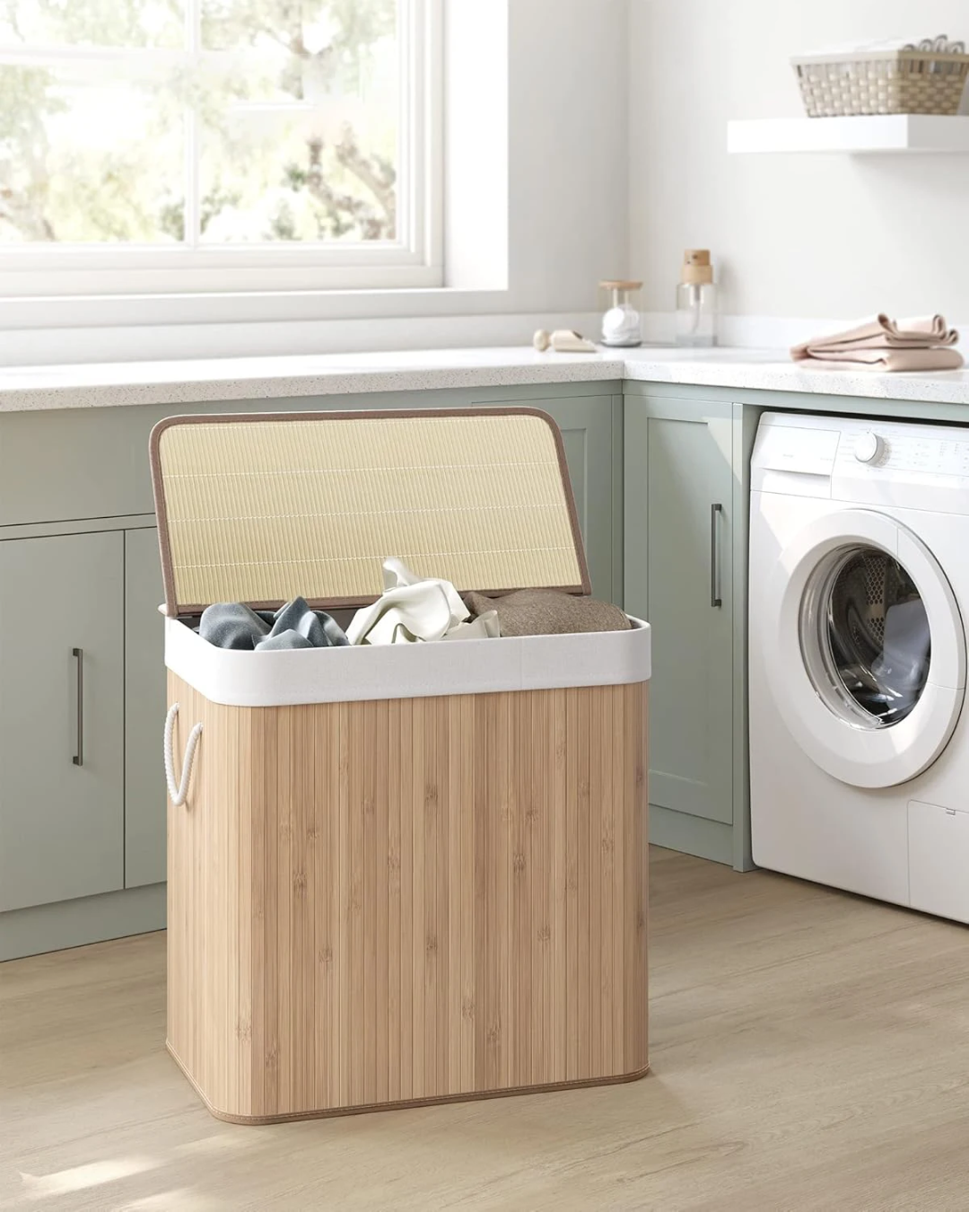 3-grid foldable bamboo laundry basket