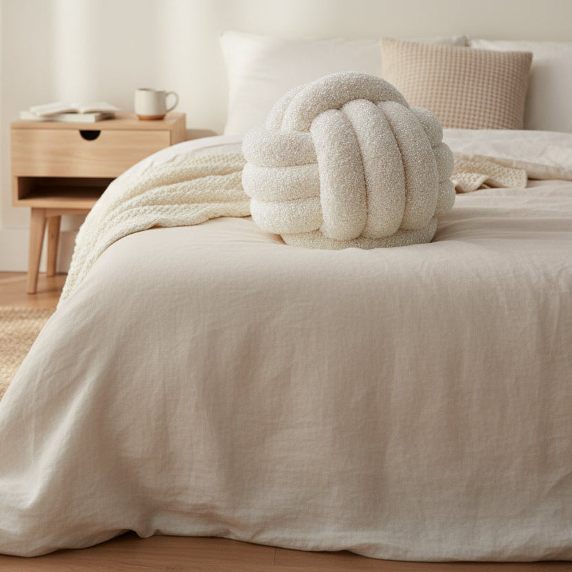 Knot ball decorative pillow 30 cm in white and brown for home décor