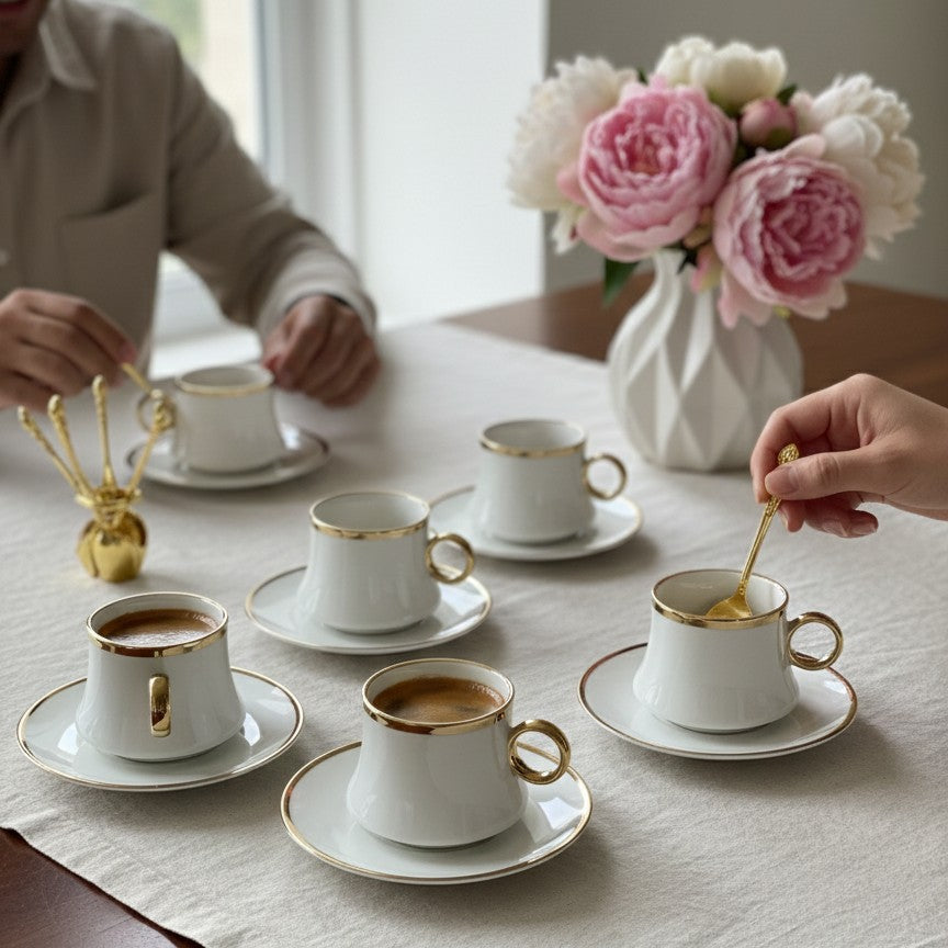 12-piece Gold line cup and saucer set with 6 cups and 6 saucers.