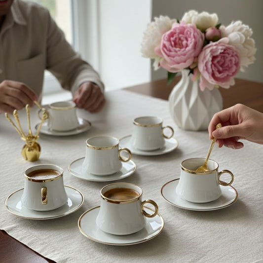 12-piece Gold line cup and saucer set with 6 cups and 6 saucers.