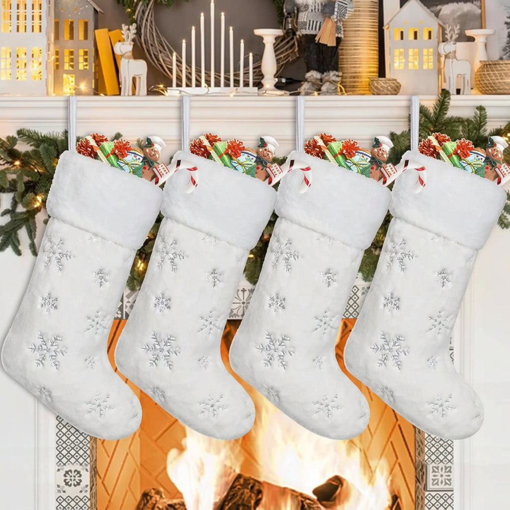 4 Pack White Faux Fur Christmas Stockings with Silver Sequin Snowflakes