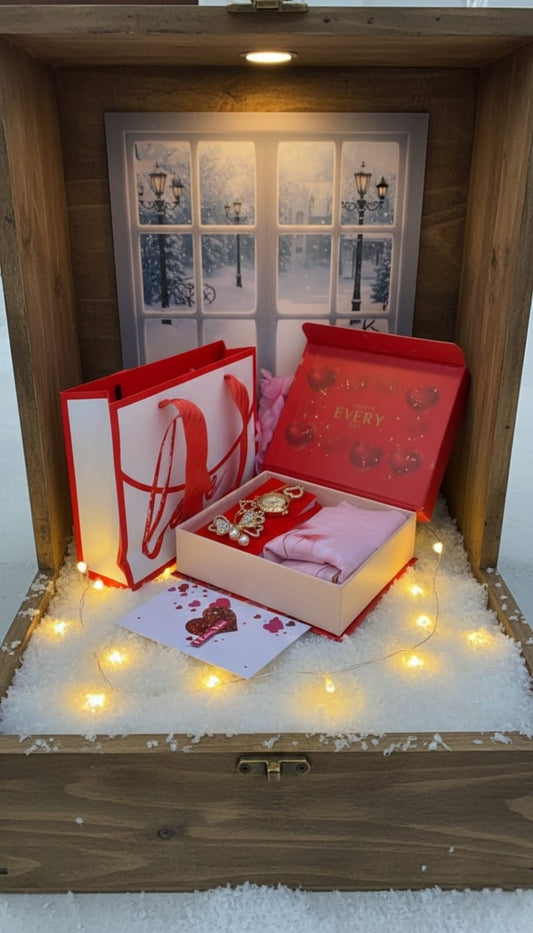 Valentines ladies gift set with chiffon scarf, jewelry, watch, and gift bag.
