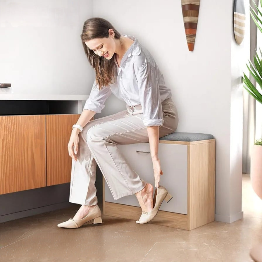 2-Tier Flip Drawer Shoe Cabinet With Cushioned Seat