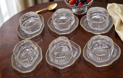 12-Piece glass cup and saucer set with fine line design for soup, snacks, and desserts