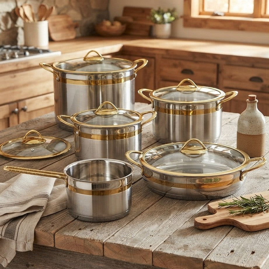 11Pc Stainless Steel Cookware Set with Gold Trim Glass Lids