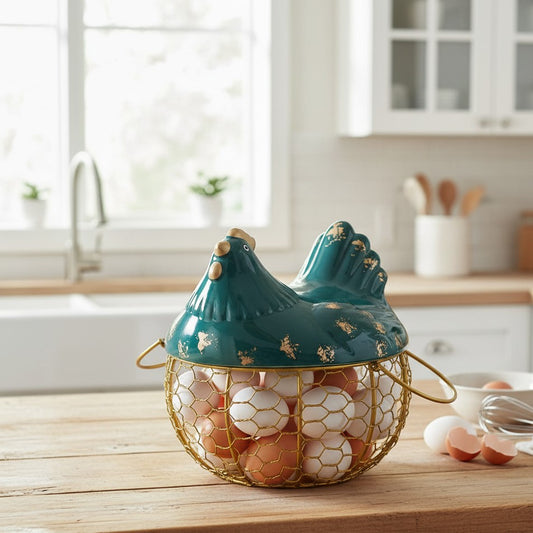Gold egg basket with green ceramic chicken cover, 20cm diameter, 17cm height