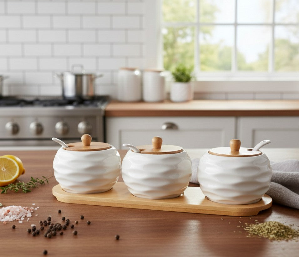 Ceramic four piece kitchen canister set with bamboo lids on countertop
