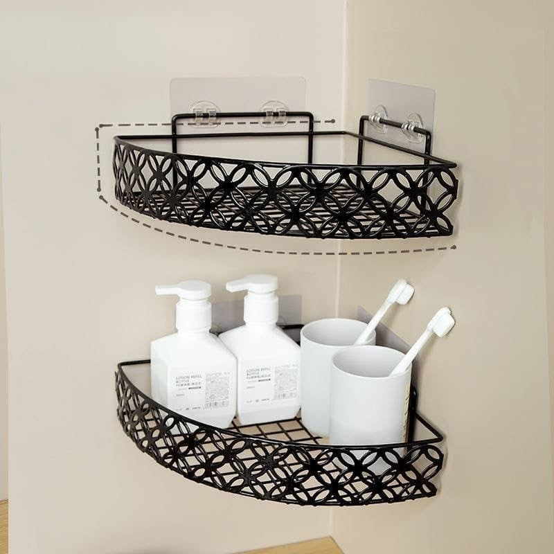 Heavy duty white metal corner self adhesive bathroom rack with large capacity for storing shower and toiletry items
