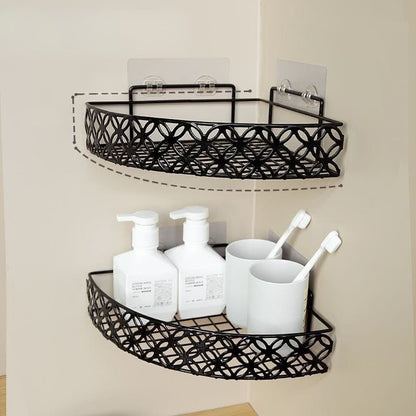 Heavy duty white metal corner self adhesive bathroom rack with large capacity for storing shower and toiletry items
