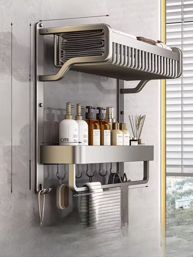 2-Layer Bathroom Towel Rack With Shelf, Hook, And Accessories Holder