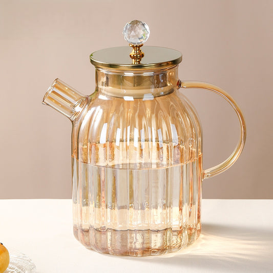 Amber pumpkin striped borosilicate glass teapot with 1800 ml capacity suitable for direct flame use