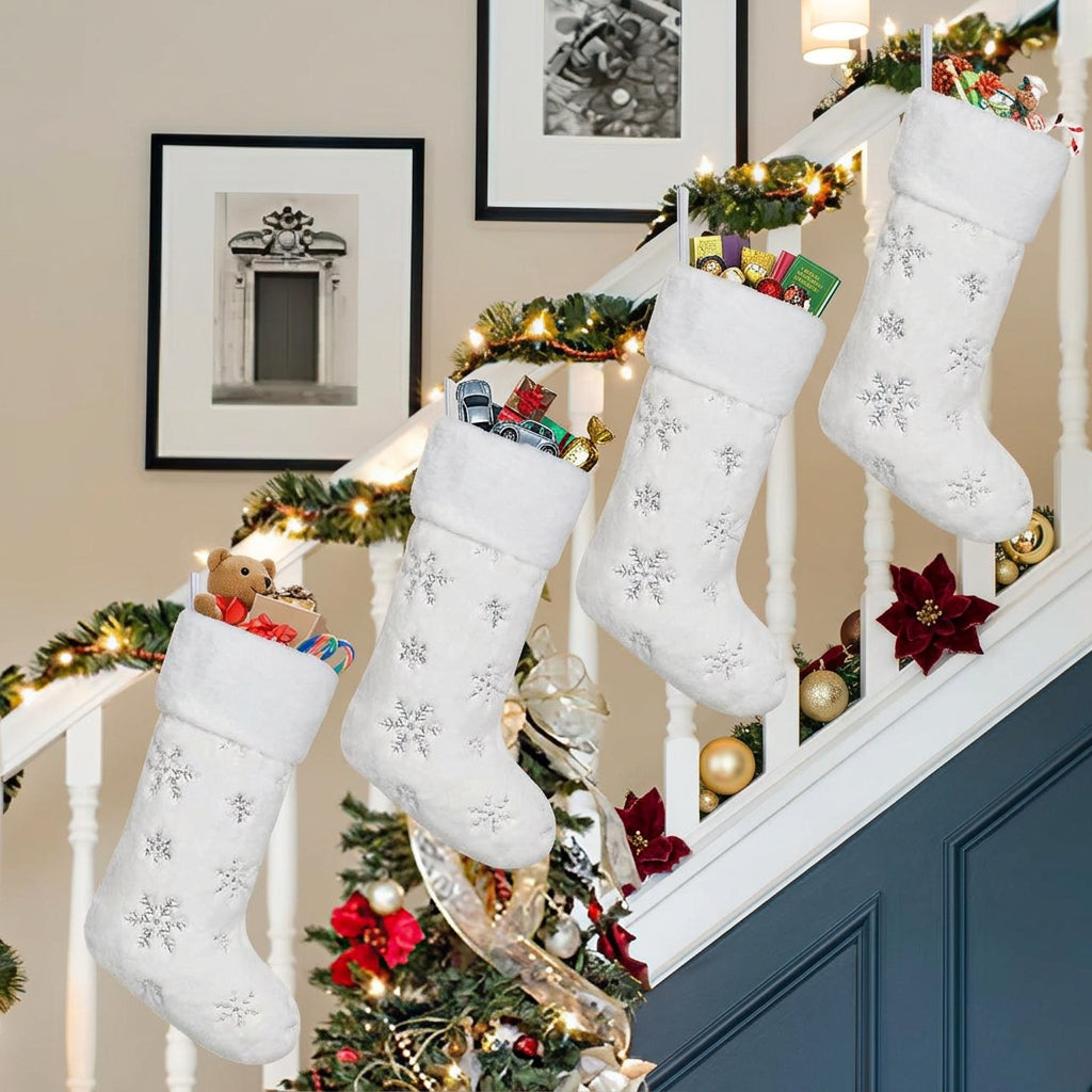4 Pack White Faux Fur Christmas Stockings with Silver Sequin Snowflakes and Hanging Loops for Festive Decorations available in Nairobi, Kenya