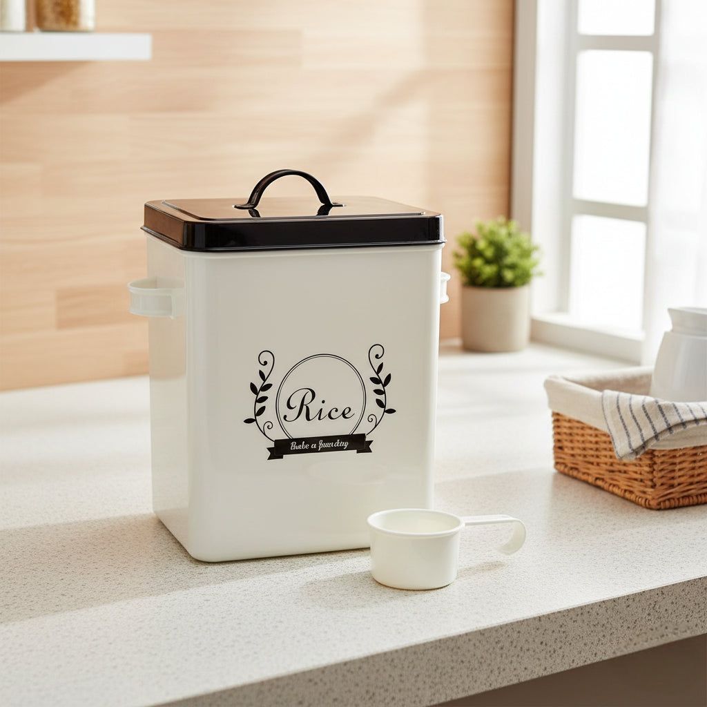 H102 galvanized metallic rice bin with 5kg capacity for kitchen storage.