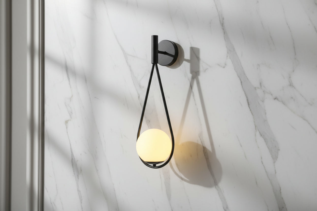 Tall black wall lamp with white glass shade, modern E27 indoor decorative lighting fixture