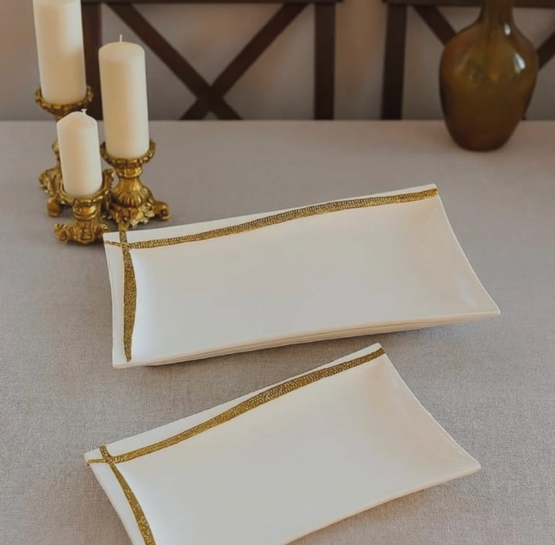 2 Piece Gold Line Ceramic Serving Platter Set