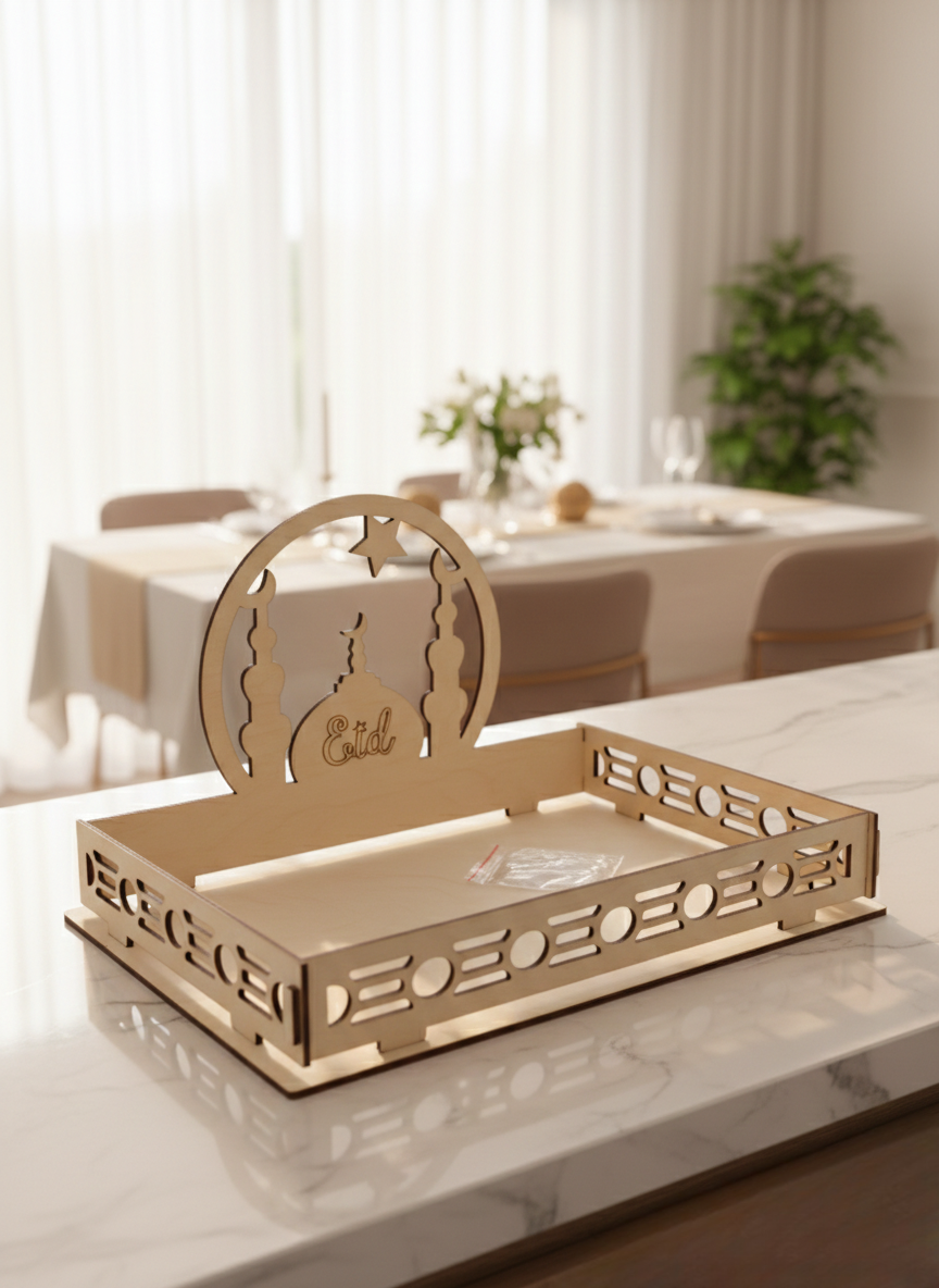 Wooden Ramadhan and Eid Mubarak serving tray for festive use
