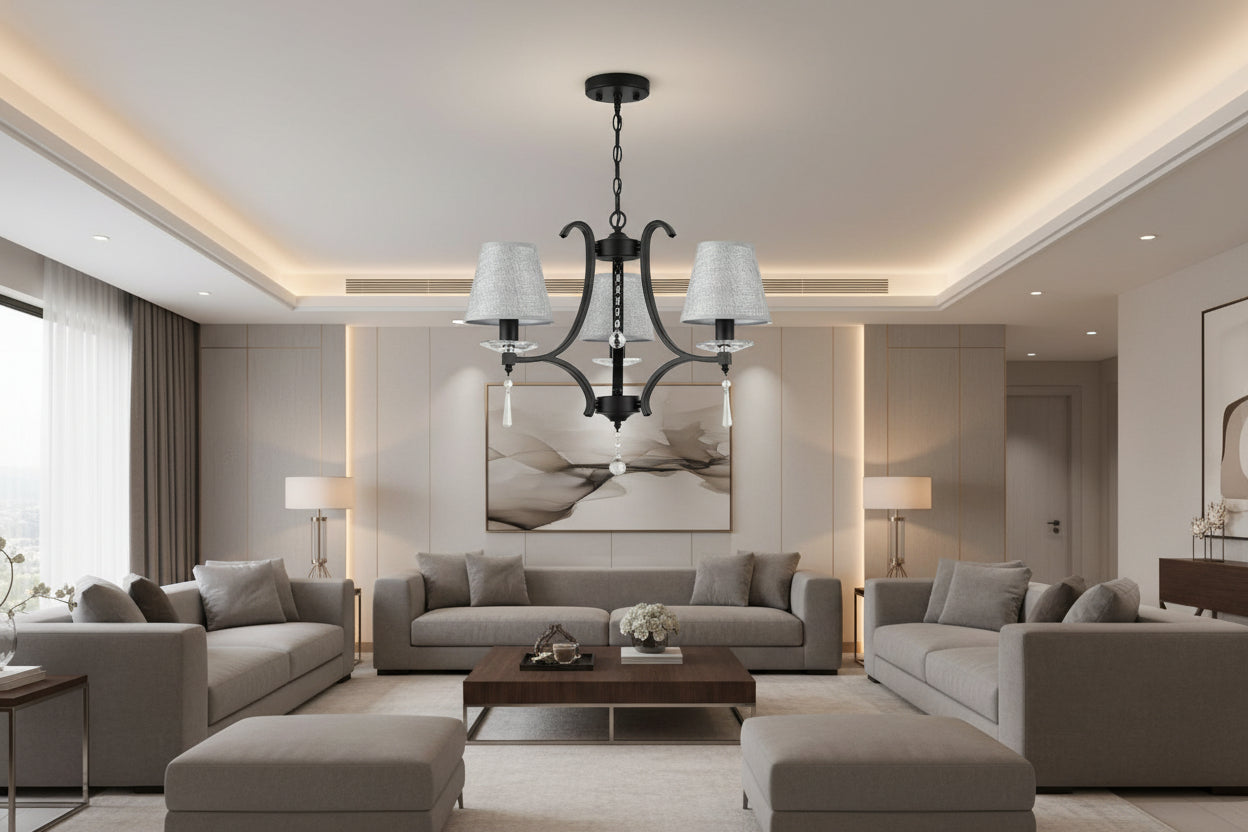 3 Light ceiling lamp with iron frame and fabric shades in black and grey for modern indoor lighting