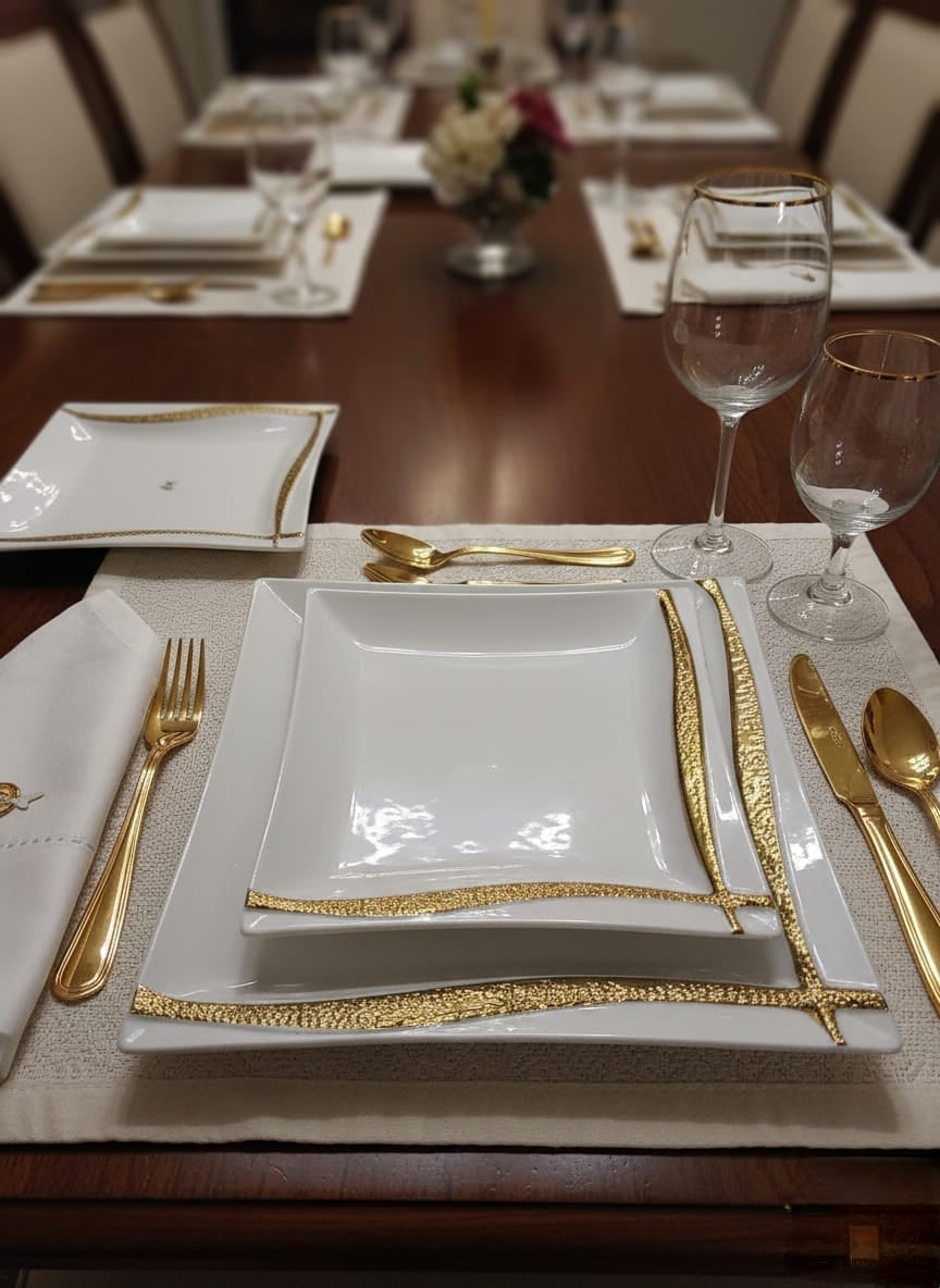 12 piece Ceramic dinner set with gold line detail including 10 inch dinner plates and 8 inch side plates