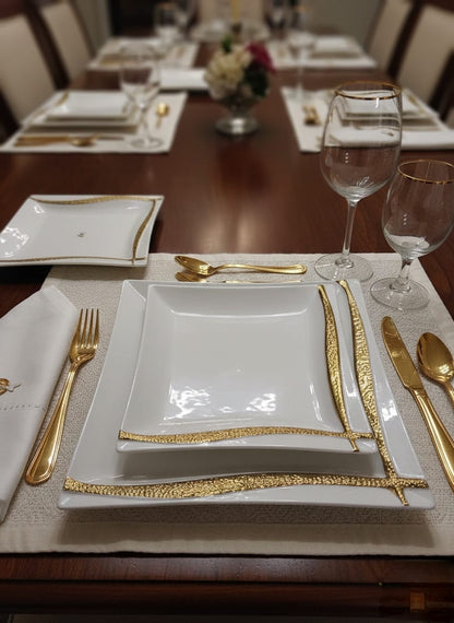 12 piece Ceramic dinner set with gold line detail including 10 inch dinner plates and 8 inch side plates