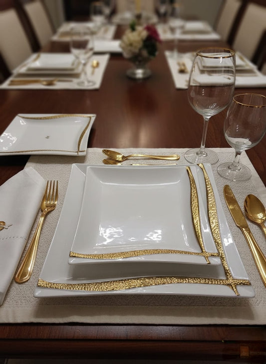 12 piece Ceramic dinner set with gold line detail including 10 inch dinner plates and 8 inch side plates