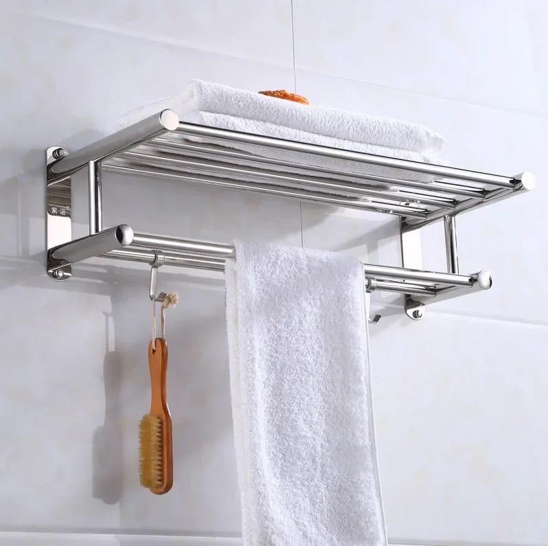 Silver 304 stainless steel wall mounted double layer bathroom towel rack with hooks