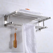 Silver 304 stainless steel wall mounted double layer bathroom towel rack with hooks