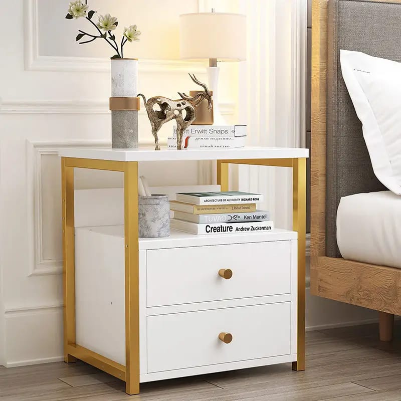White Nordic bedside cabinet with marble texture and two spacious drawers.