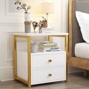 White Nordic bedside cabinet with marble texture and two spacious drawers.