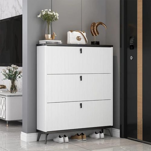 White wooden shoe rack cabinet with black accents and flip-down compartments for organised shoe storage in entryways, hallways, and bedrooms