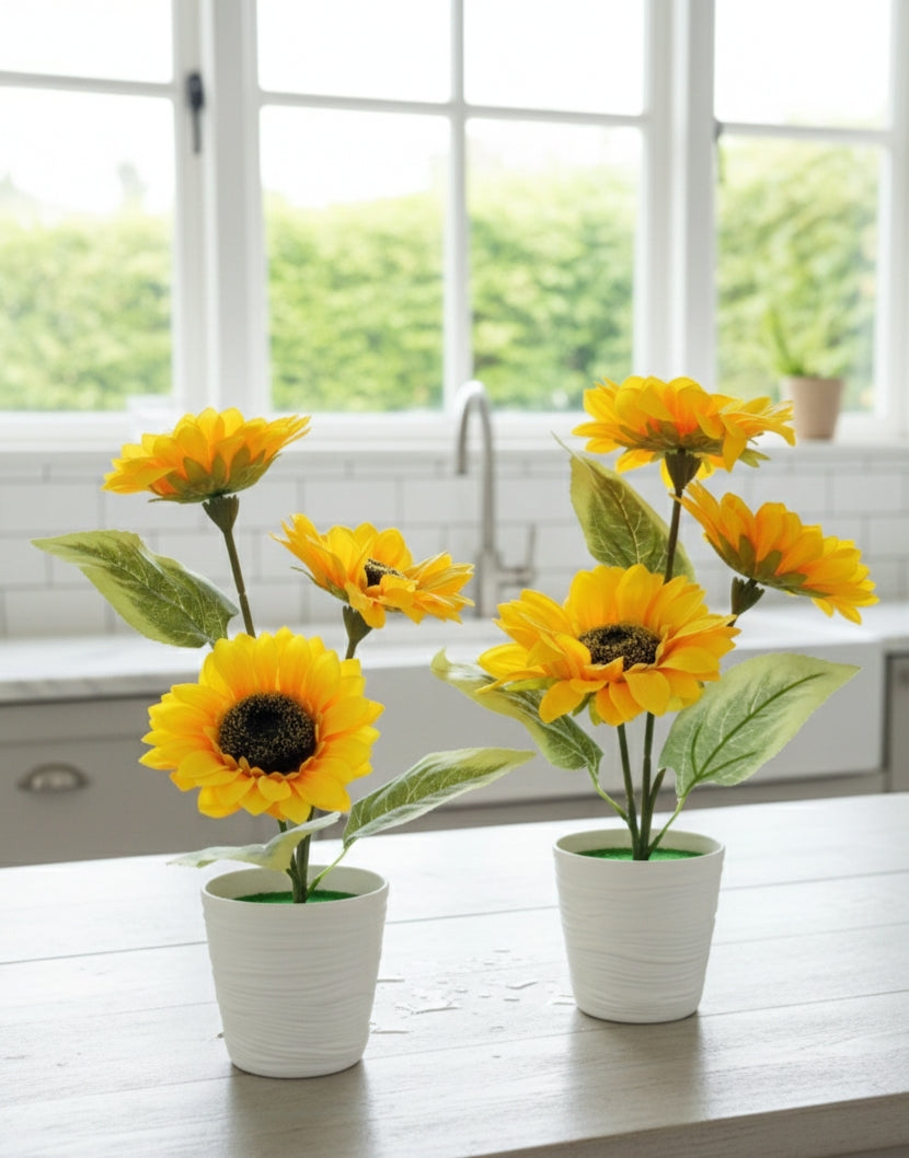 Sunflower artificial flower pots for home décor and table centerpiece.