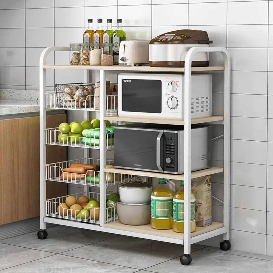 Metallic kitchen storage rack with movable lockable wheels