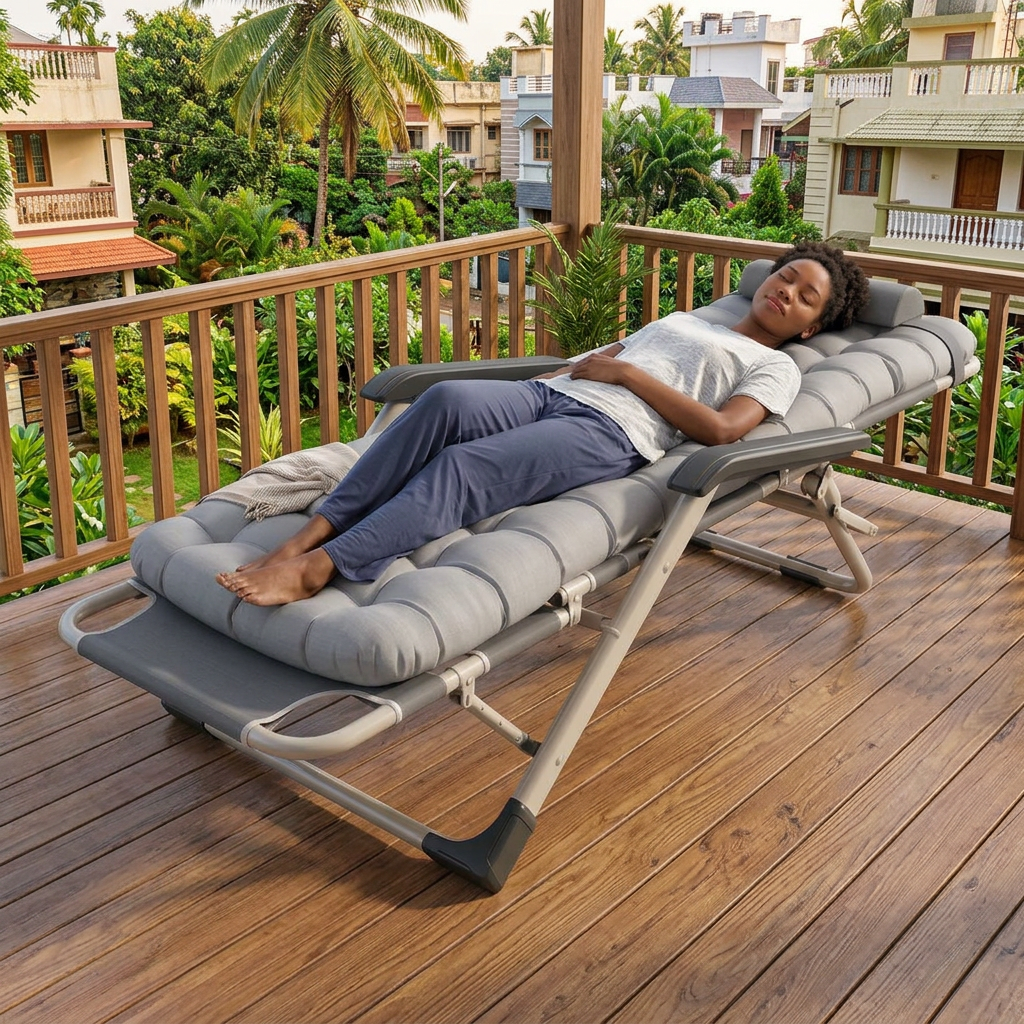 178cm Adjustable Folding Lounge Chair and Cot with Grey Cushion