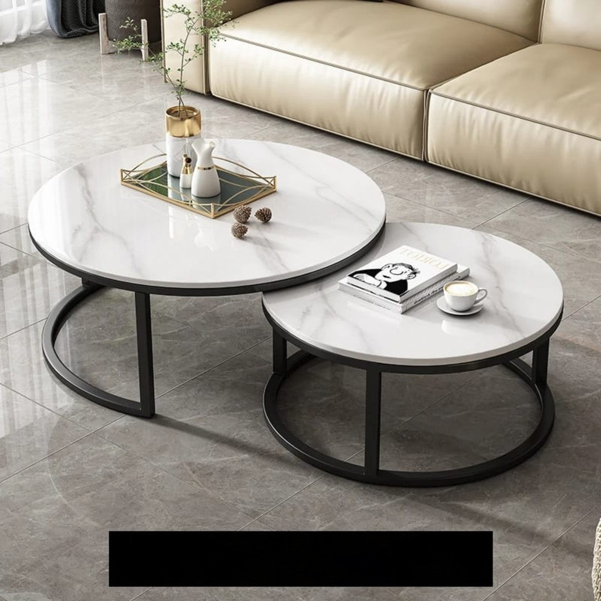 Pure marble nesting coffee table set white on black legs