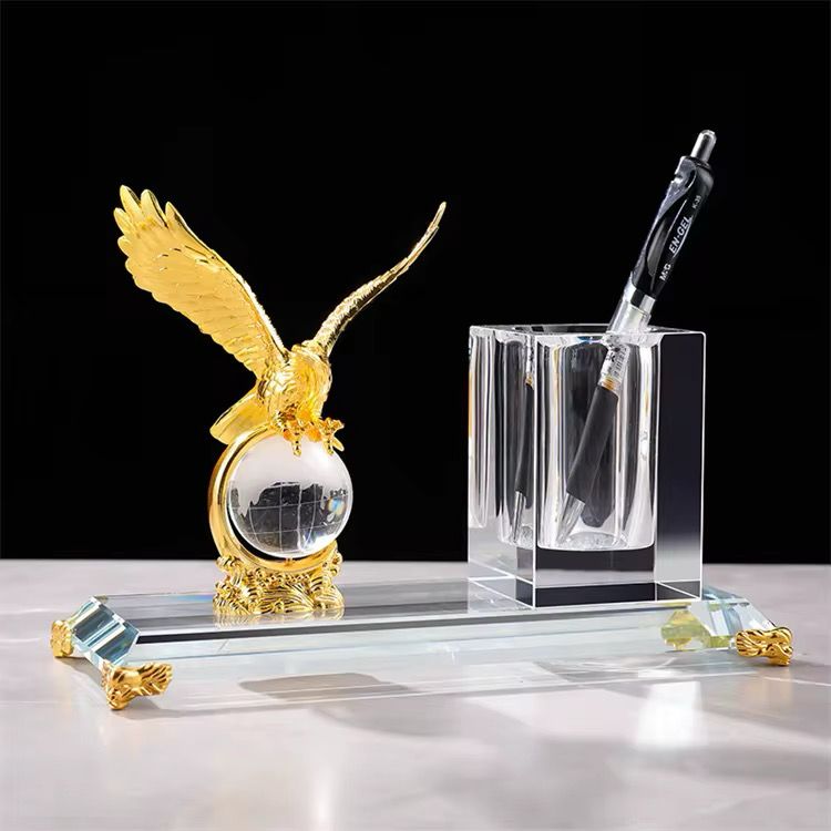 Gold Globe Desktop Gift With Crystal Pen Holder Set