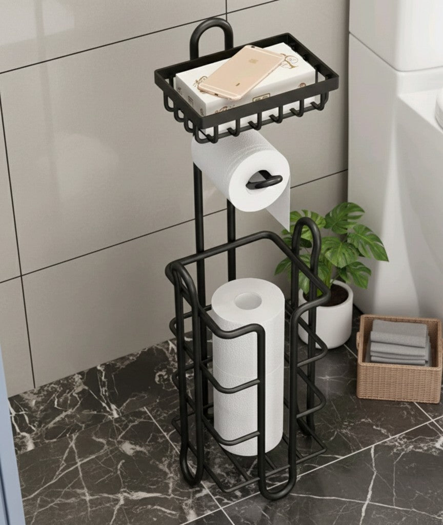 Floor-standing toilet paper holder with storage shelves and rolling paper rack