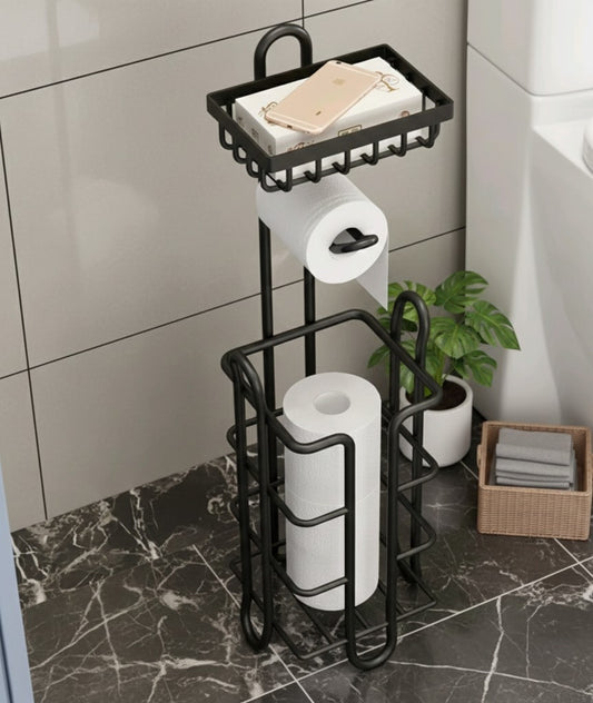 Floor-standing toilet paper holder with storage shelves and rolling paper rack