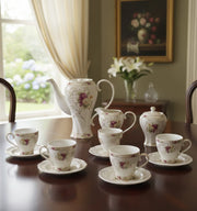 11-piece Floral porcelain tea set with teapot, cups, and saucers