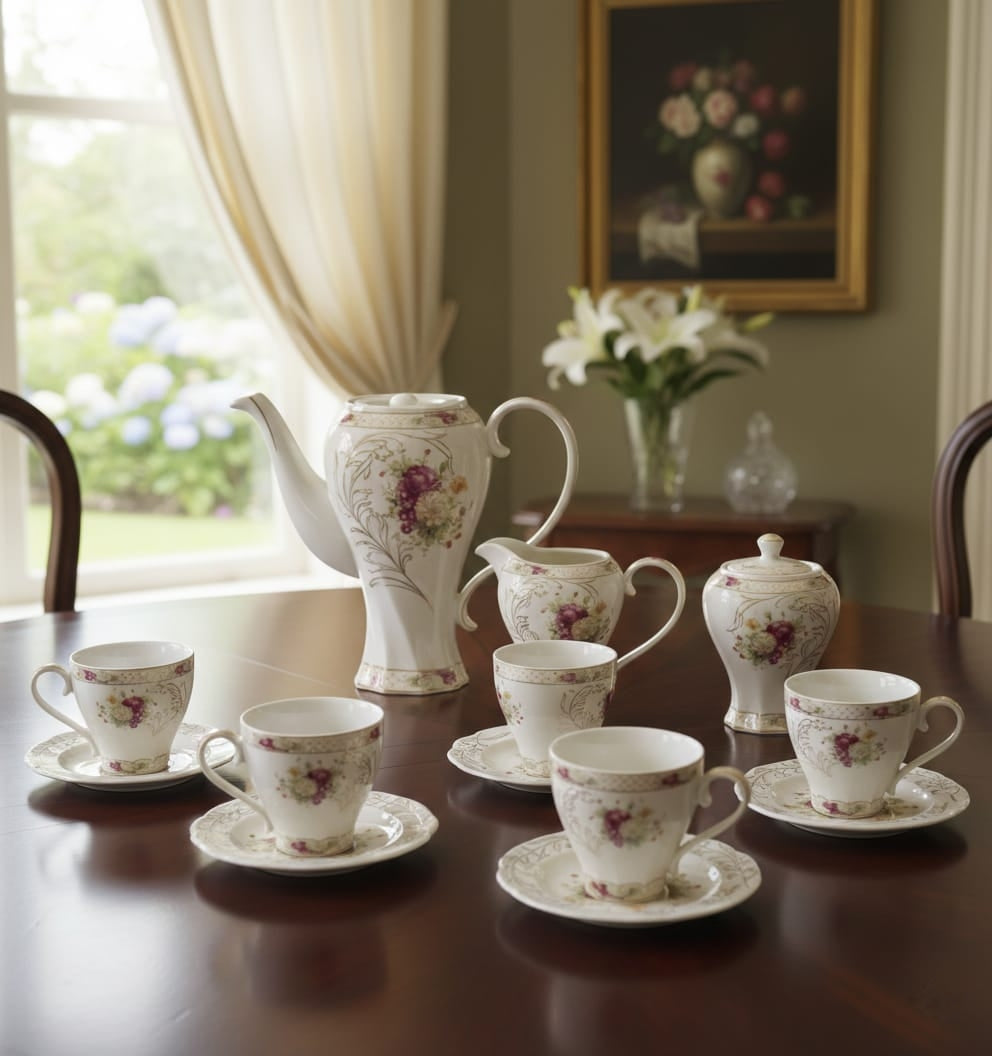 11-piece Floral porcelain tea set with teapot, cups, and saucers